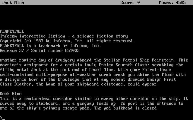 Planetfall (DOS) screenshot: The beginning.