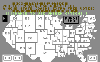 Election Trail (Commodore 64) screenshot: Choose a state for your home