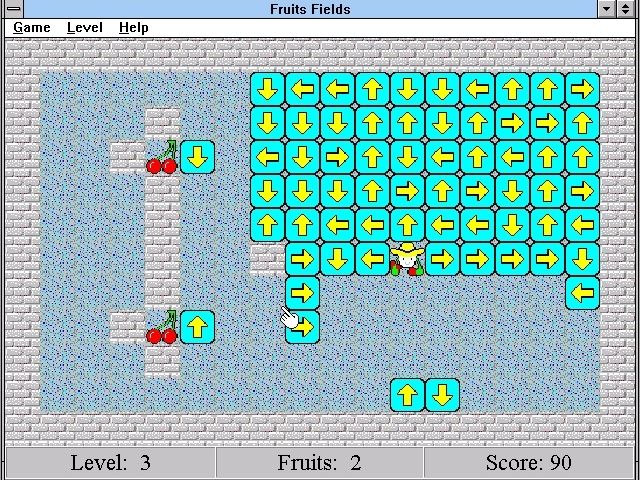 Fruits Fields (Windows 3.x) screenshot: Level 3: So much harder than Level 1!<br><br>Version 2.01