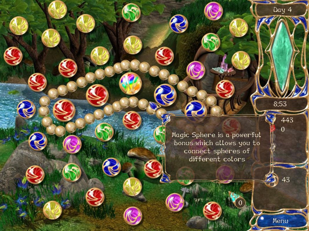 Dreamsdwell Stories (Windows) screenshot: The rainbow sphere lets you connect spheres of different colors. The small gold spheres are broken by making several matches next to them.