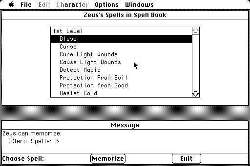 Pool of Radiance (Macintosh) screenshot: Spellbook of my Cleric