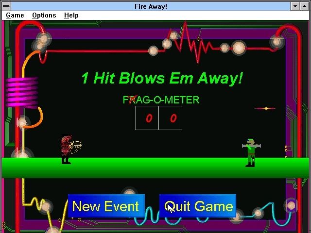 Fire Away! (Windows 3.x) screenshot: Heavy Firepower. The bazooka always hits its target. The laser is not so accurate - there's a bolt above and to the right of the green man's head