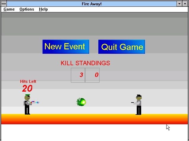 Fire Away! (Windows 3.x) screenshot: Reality Sucks: The guy on the right has a pistol and must hit the other guy twenty times to score a kill. The guy on the left has a 'one hit, one kill' ray gun