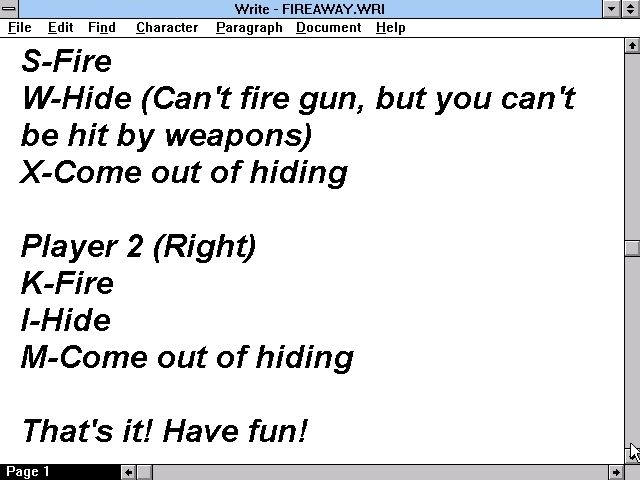 Fire Away! (Windows 3.x) screenshot: The game's help information is a short file in .wri format that has the company name and details of the controls