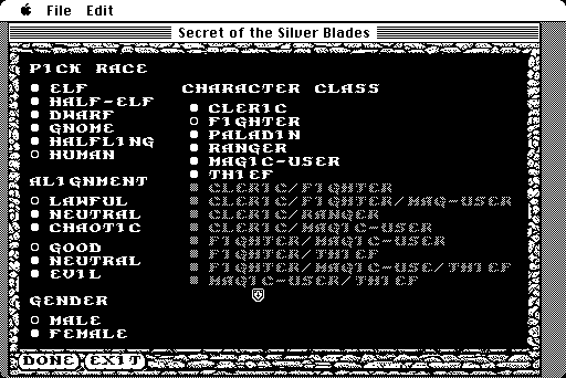 Secret of the Silver Blades (Macintosh) screenshot: Character creation