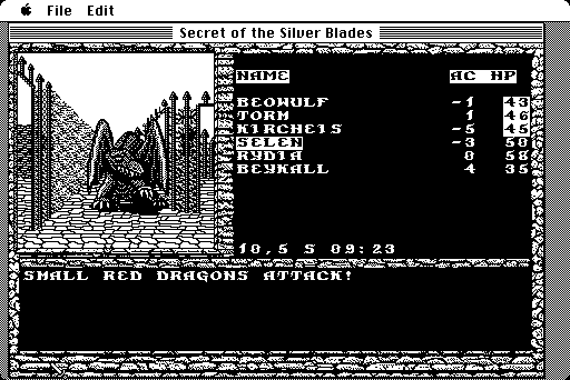 Secret of the Silver Blades (Macintosh) screenshot: "Small" Red Dragons attack