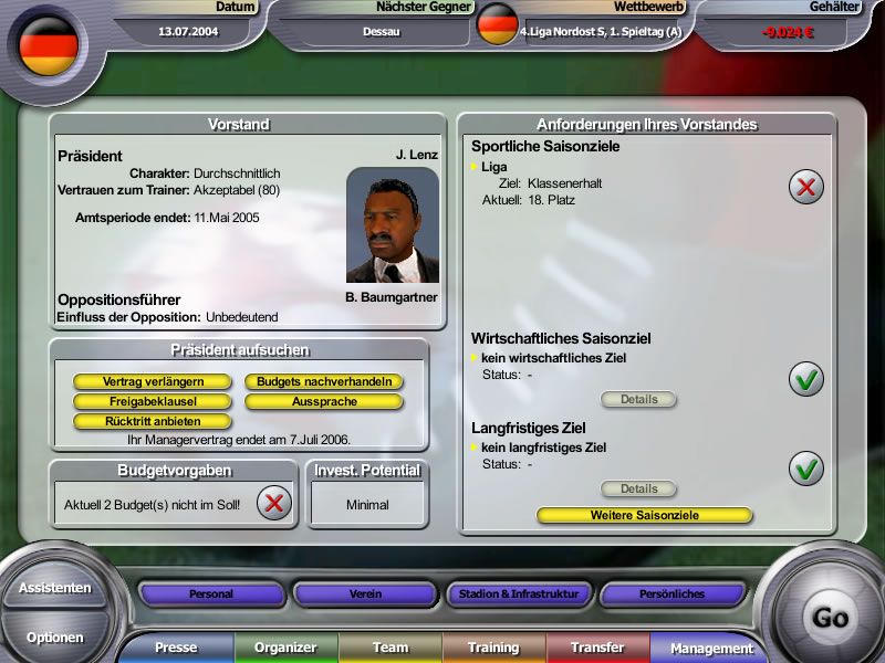 Anstoss 2005: Der Fussballmanager (Windows) screenshot: Here you can see what your president thinks of your work