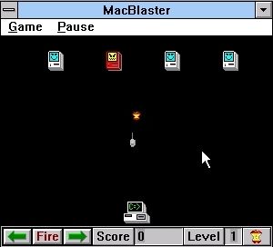 MacBlaster (Windows 3.x) screenshot: A game in progress. The Macs drop mice while the PC fires rotten apples
