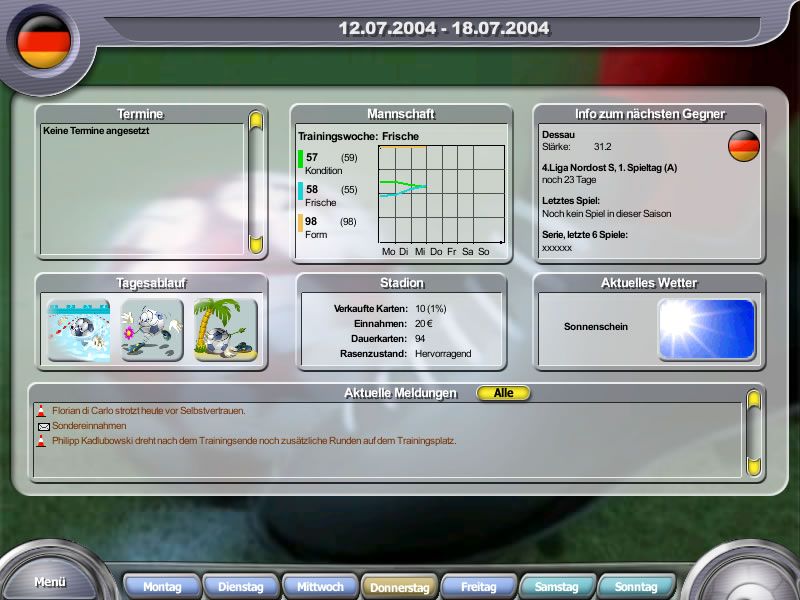 Anstoss 2005: Der Fussballmanager (Windows) screenshot: Your progress through the week