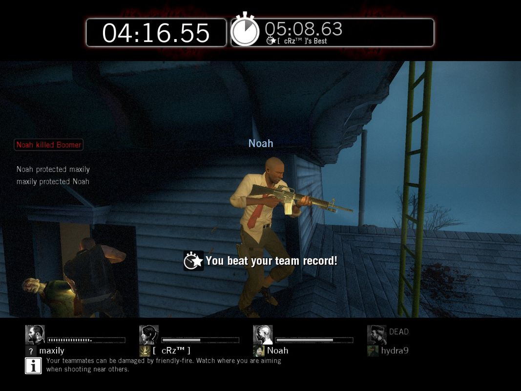 Left 4 Dead (Windows) screenshot: My first attempt at survival mode. My team just beat its record, though without much help from me...
