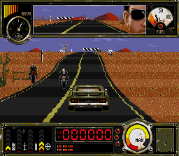 Outlander (SNES) screenshot: Driving you car. Unlike the Genesis version, you'll only see your car in 3rd person view.