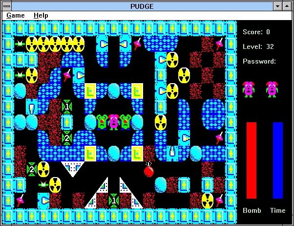 Pudge (Windows 3.x) screenshot: The game has thirty-two levels and a demo mode which lets you see every one of them