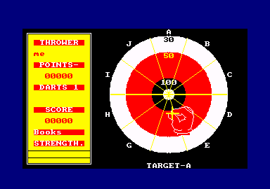 Bullseye (Amstrad CPC) screenshot: Tossing a dart at the board