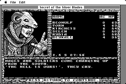 Secret of the Silver Blades (Macintosh) screenshot: Once again, people are angry at me for trespassing