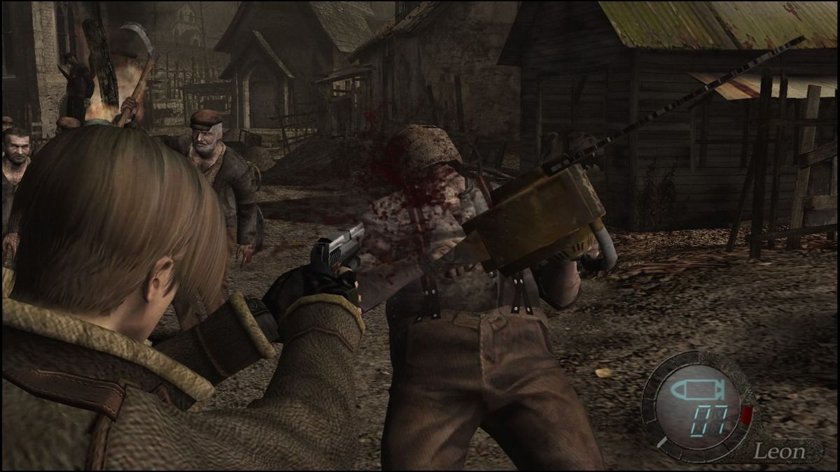 Resident Evil 4 (PlayStation 4) screenshot: It'll take more than a bullet to the head to take out the guy with the chainsaw