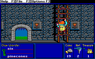 Super Solvers: Treasure Mountain! (DOS) screenshot: Climbing up to the next level (MCGA)