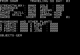 Rings of Zilfin (Apple II) screenshot: The character status screen.