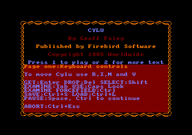 Cylu (Amstrad CPC) screenshot: Title screen, credits and instructions