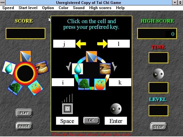 Tai Chi Game (Windows 3.x) screenshot: The action keys can be redefined