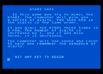 Deflection / Simon Says (Atari 8-bit) screenshot: Simon Says