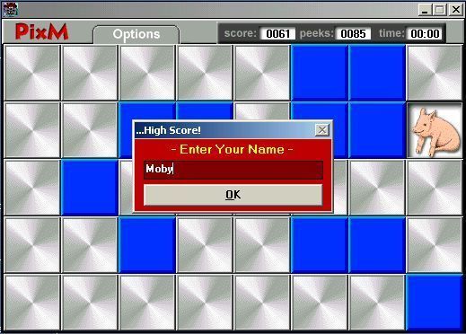 PixM (Windows) screenshot: If a new high score is reached the player gets to enter their name for posterity