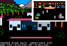 Rings of Zilfin (Apple II) screenshot: The first building is Trader Binn's shop.