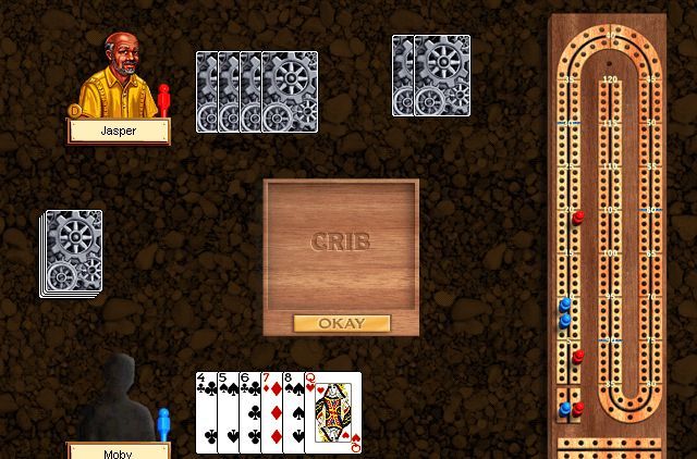 Hoyle Backgammon & Cribbage (Windows) screenshot: Jasper scored highly and his pegs are moved round the board showing he has an early lead.