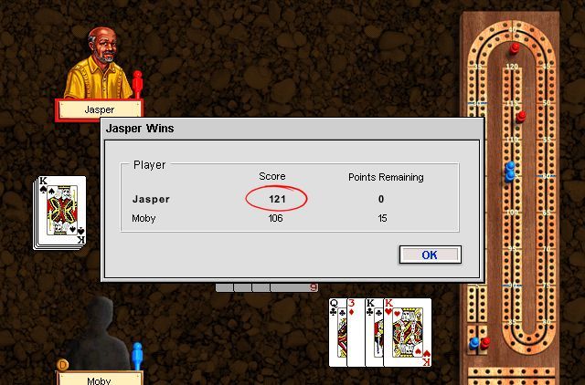 Hoyle Backgammon & Cribbage (Windows) screenshot: The end of the game. No big 'Celebration' screen in in Cribbage, just the player stats