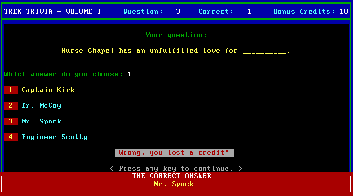 Trek Trivia (DOS) screenshot: I got it wrong.