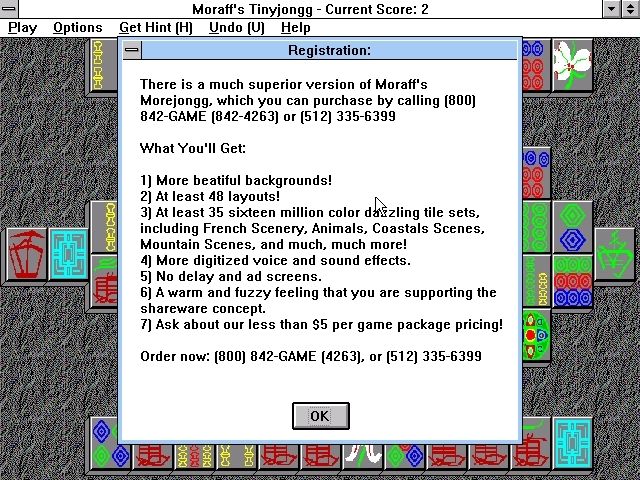 Moraff's Tinyjongg (Windows 3.x) screenshot: One of the embedded messages in the game that promotes Moraff's Morejongg