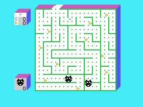 A-Maze-Ing (TI-99/4A) screenshot: A simpler maze, but this one has obstacles and cheese to collect