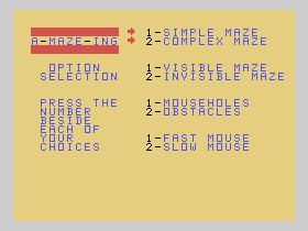 A-Maze-Ing (TI-99/4A) screenshot: What kind of mazes would you like?