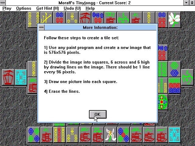 Moraff's Tinyjongg (Windows 3.x) screenshot: The game has instructions for creating new tilesets even though the option to use them is not available