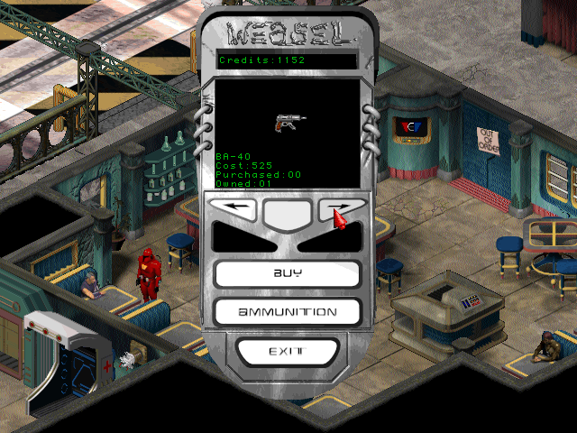 Crusader: No Remorse (Windows) screenshot: Checking the arms dealer at the local bar.