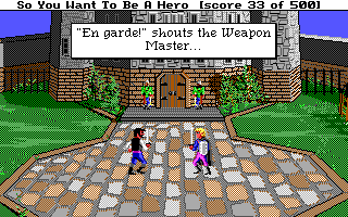 Hero's Quest: So You Want to Be a Hero (DOS) screenshot: "Hello, my name is Inigo Montoya. You killed my father. Prepare to die!" Oops! Wrong story!