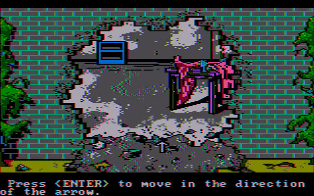 Manhunter: New York (DOS) screenshot: Follow the arrow to go into this room (CGA w/Composite Monitor)