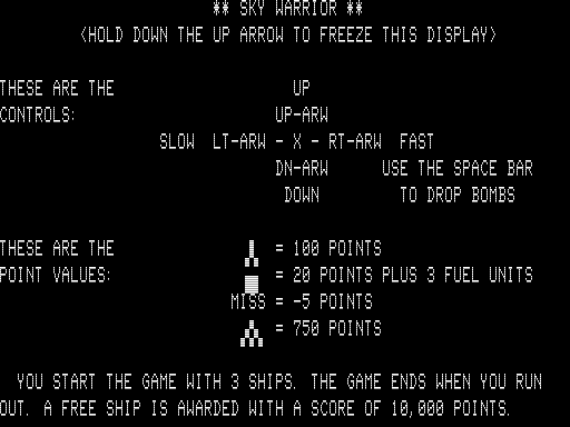 Sky Warrior (TRS-80) screenshot: Instructions