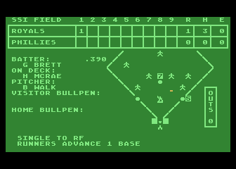 Computer Baseball (Atari 8-bit) screenshot: A single to right field, player advances a base
