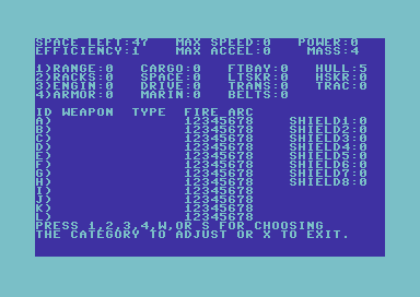 The Cosmic Balance (Commodore 64) screenshot: Creating a custom ship
