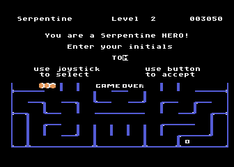 Serpentine (Atari 8-bit) screenshot: Game over, but I got a high score...