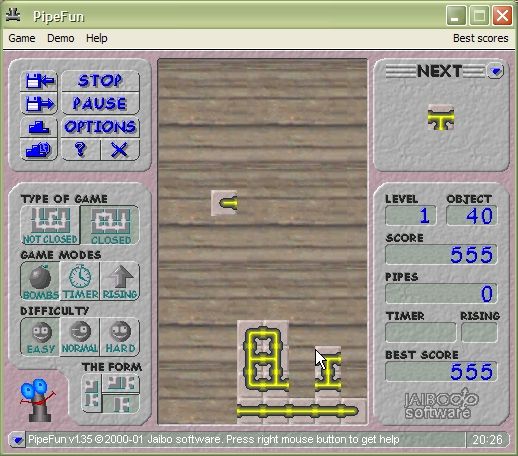 PipeFun (Windows) screenshot: Playing a Closed Pipeline game, I'm about to make a match (bottom row).
