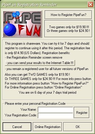 PipeFun (Windows) screenshot: Registration Reminder screen
