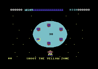 Lazarian (Commodore 64) screenshot: Starting the game; shoot the yellow zone!