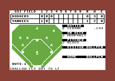 Computer Baseball (Commodore 64) screenshot: Fly ball to left field, and batter is out!