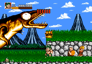 Joe & Mac: Caveman Ninja (Genesis) screenshot: Hitting the dinosaur