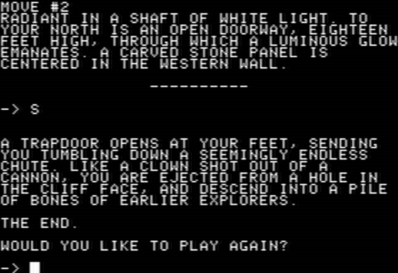 Indiana Jones in Revenge of the Ancients (Apple II) screenshot: Falling to my Death on Turn 2 of Play