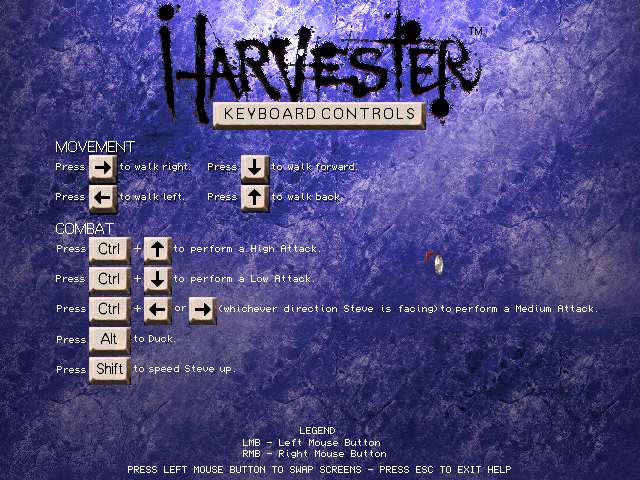 Harvester (Windows) screenshot: Keyboard controls help screen
