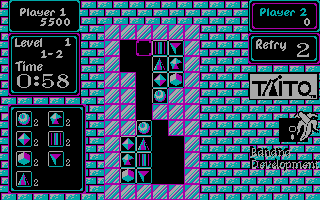 Puzznic (DOS) screenshot: Gameplay on the second puzzle (CGA color)