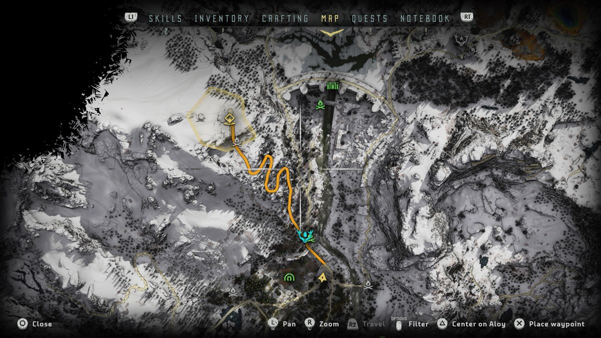 Horizon: Zero Dawn - The Frozen Wilds (PlayStation 4) screenshot: Zooming in on the map provides with much more details of the actual terrain