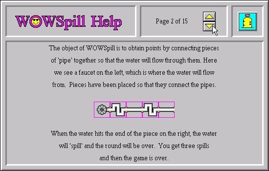WOWSpill (Windows 3.x) screenshot: There is 'on-line' help available. It opens in a separate window and there are fifteen screens worth covering game controls, scoring and game registration